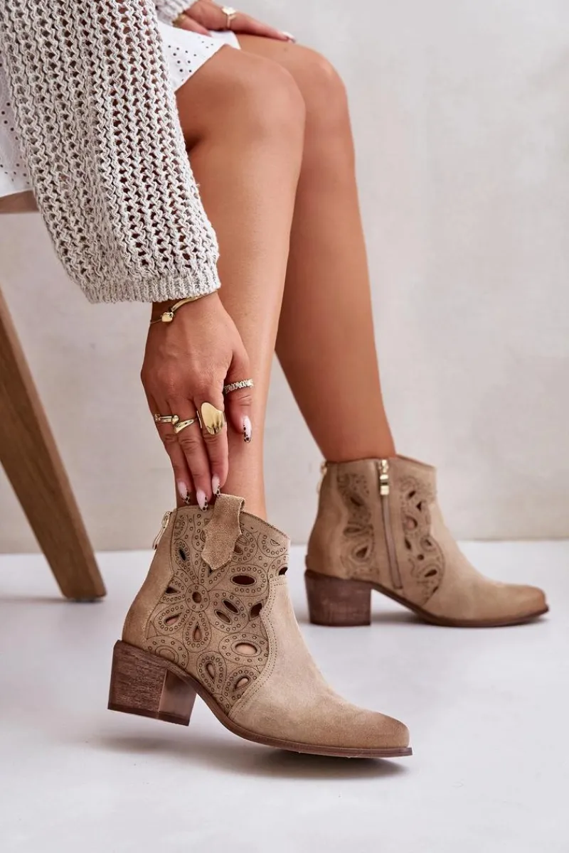Best Boto Ażurowe Botki Zamszowe Lewski Shoes 3170/2 Beżowe