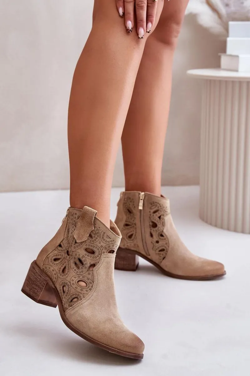 Best Boto Ażurowe Botki Zamszowe Lewski Shoes 3170/2 Beżowe