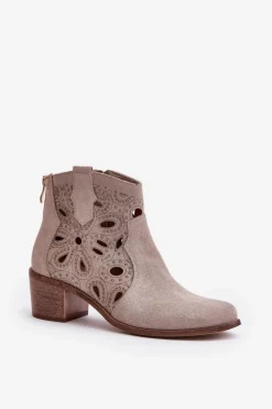 Clearance Ażurowe Botki Zamszowe Lewski Shoes 3170/2 Cappucino Damskie Botki Wiosenne|Botki Ażurowe