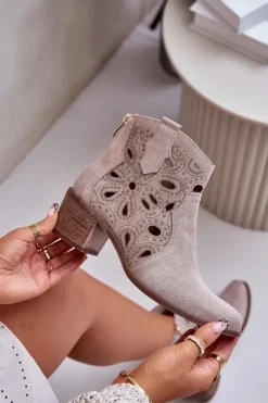Clearance Ażurowe Botki Zamszowe Lewski Shoes 3170/2 Cappucino Damskie Botki Wiosenne|Botki Ażurowe