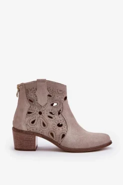 Clearance Ażurowe Botki Zamszowe Lewski Shoes 3170/2 Cappucino Damskie Botki Wiosenne|Botki Ażurowe
