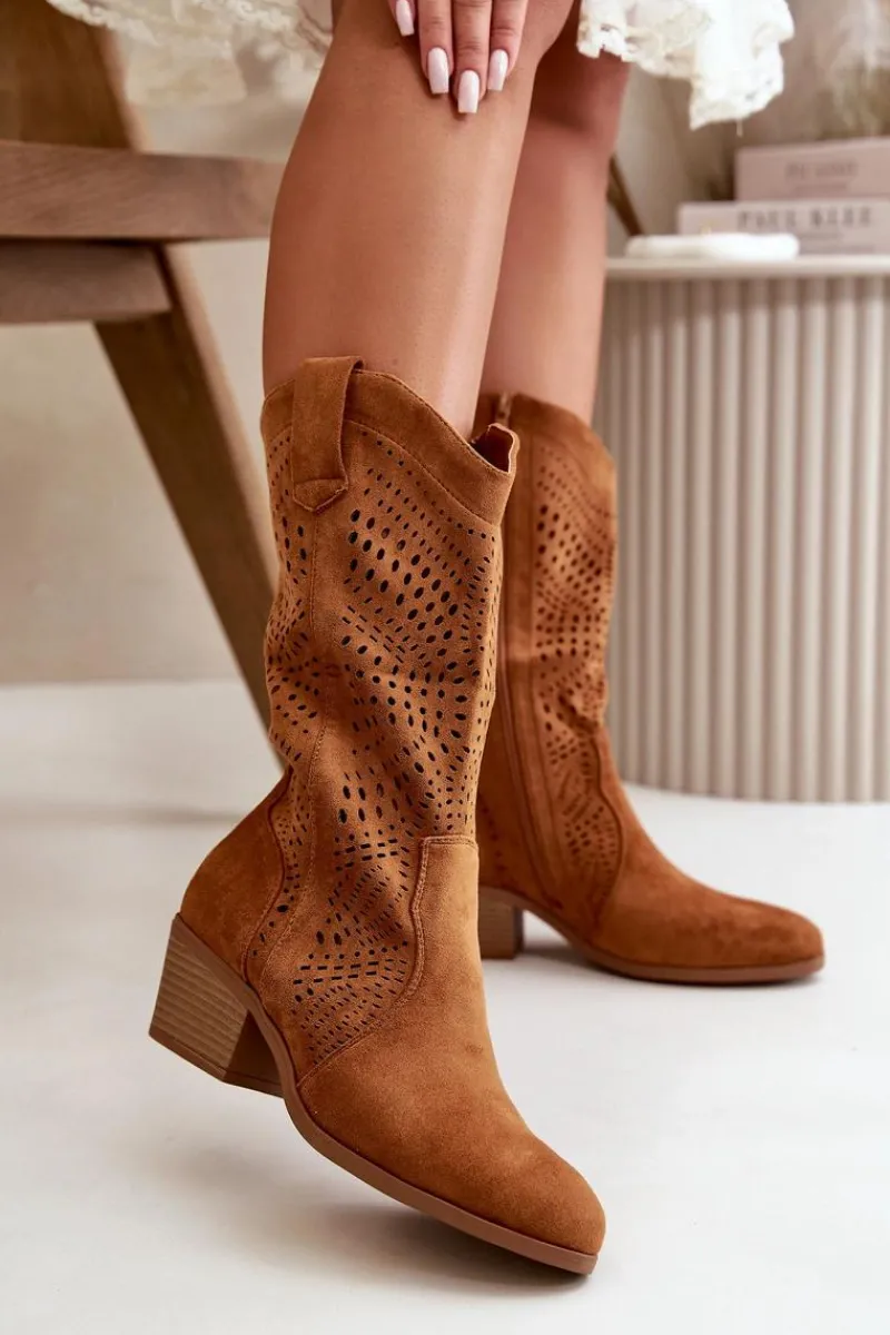 Online Boto Ażurowe Damskie Botki Kowbojki Na Obcasie Camel Iceda