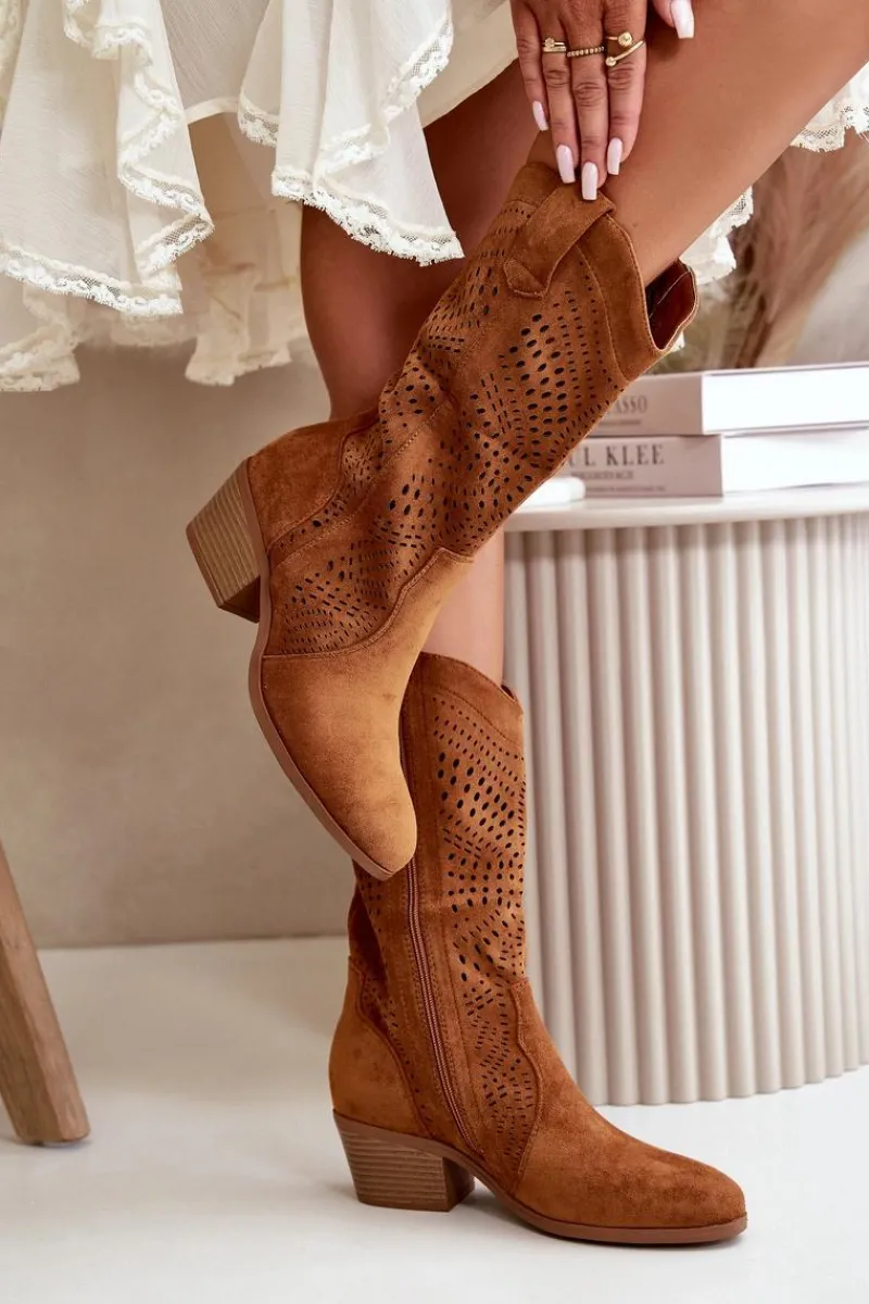 Online Boto Ażurowe Damskie Botki Kowbojki Na Obcasie Camel Iceda