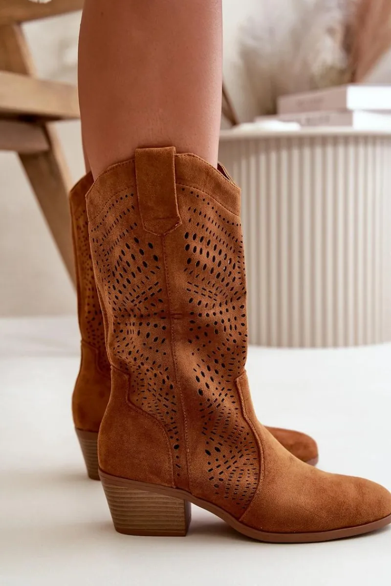 Online Boto Ażurowe Damskie Botki Kowbojki Na Obcasie Camel Iceda