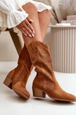 Online Boto Ażurowe Damskie Botki Kowbojki Na Obcasie Camel Iceda