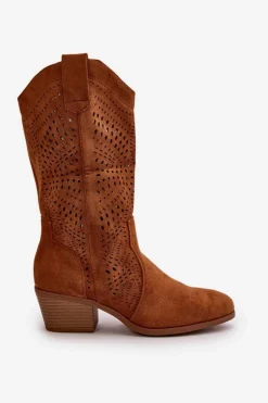 Online Boto Ażurowe Damskie Botki Kowbojki Na Obcasie Camel Iceda