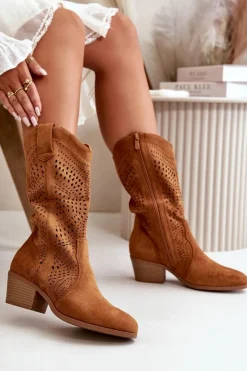 Online Boto Ażurowe Damskie Botki Kowbojki Na Obcasie Camel Iceda