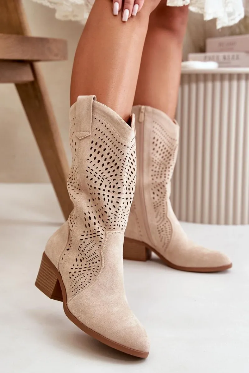 Outlet Boto Ażurowe Damskie Botki Kowbojki Na Obcasie Beżowe Iceda