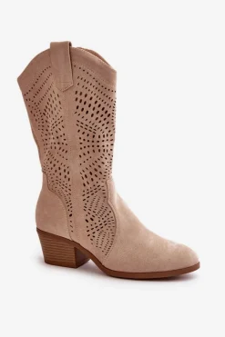 Outlet Boto Ażurowe Damskie Botki Kowbojki Na Obcasie Beżowe Iceda