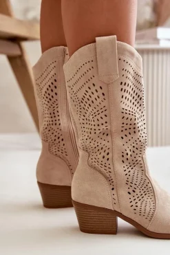 Outlet Boto Ażurowe Damskie Botki Kowbojki Na Obcasie Beżowe Iceda