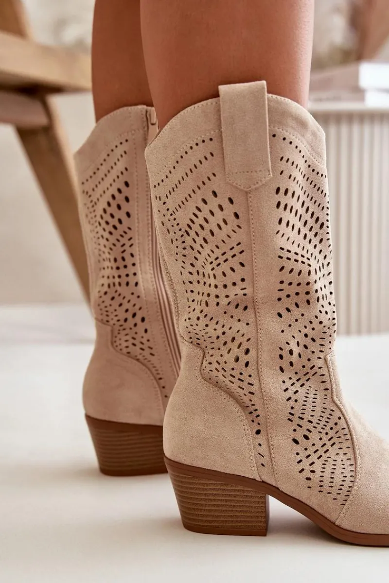 Outlet Boto Ażurowe Damskie Botki Kowbojki Na Obcasie Beżowe Iceda