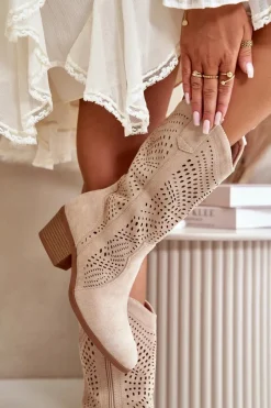 Outlet Boto Ażurowe Damskie Botki Kowbojki Na Obcasie Beżowe Iceda
