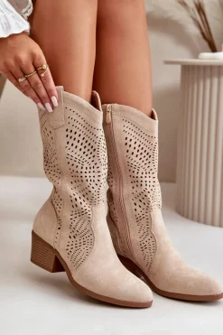 Outlet Boto Ażurowe Damskie Botki Kowbojki Na Obcasie Beżowe Iceda