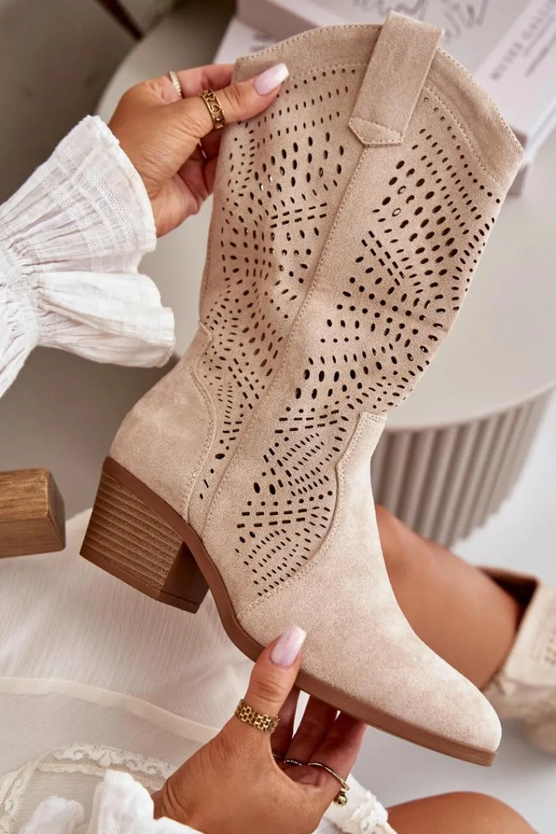 Outlet Boto Ażurowe Damskie Botki Kowbojki Na Obcasie Beżowe Iceda