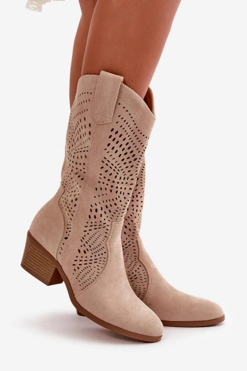 Outlet Boto Ażurowe Damskie Botki Kowbojki Na Obcasie Beżowe Iceda