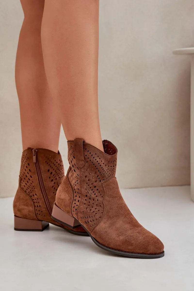 Outlet Ażurowe Damskie Botki Na Niskim Obcasie Brązowe Neliawen Damskie Brązowe I Beżowe Botki|Botki Płaskie