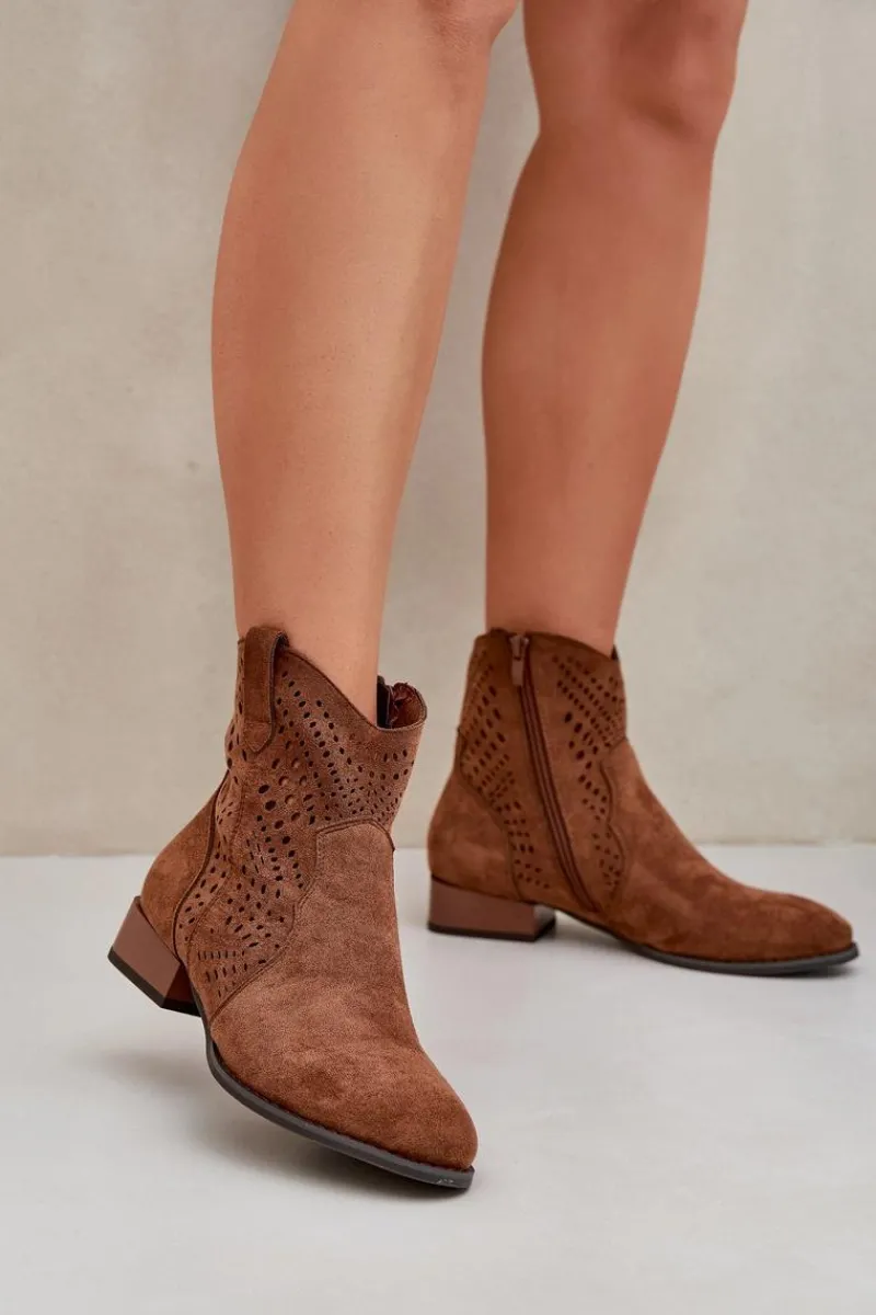 Outlet Ażurowe Damskie Botki Na Niskim Obcasie Brązowe Neliawen Damskie Brązowe I Beżowe Botki|Botki Płaskie