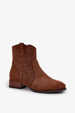 Outlet Ażurowe Damskie Botki Na Niskim Obcasie Brązowe Neliawen Damskie Brązowe I Beżowe Botki|Botki Płaskie