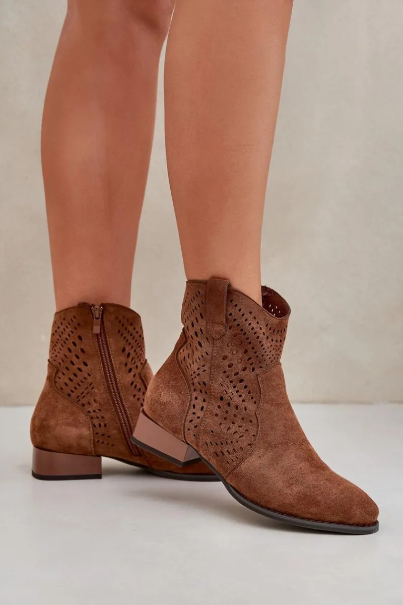 Outlet Ażurowe Damskie Botki Na Niskim Obcasie Brązowe Neliawen Damskie Brązowe I Beżowe Botki|Botki Płaskie