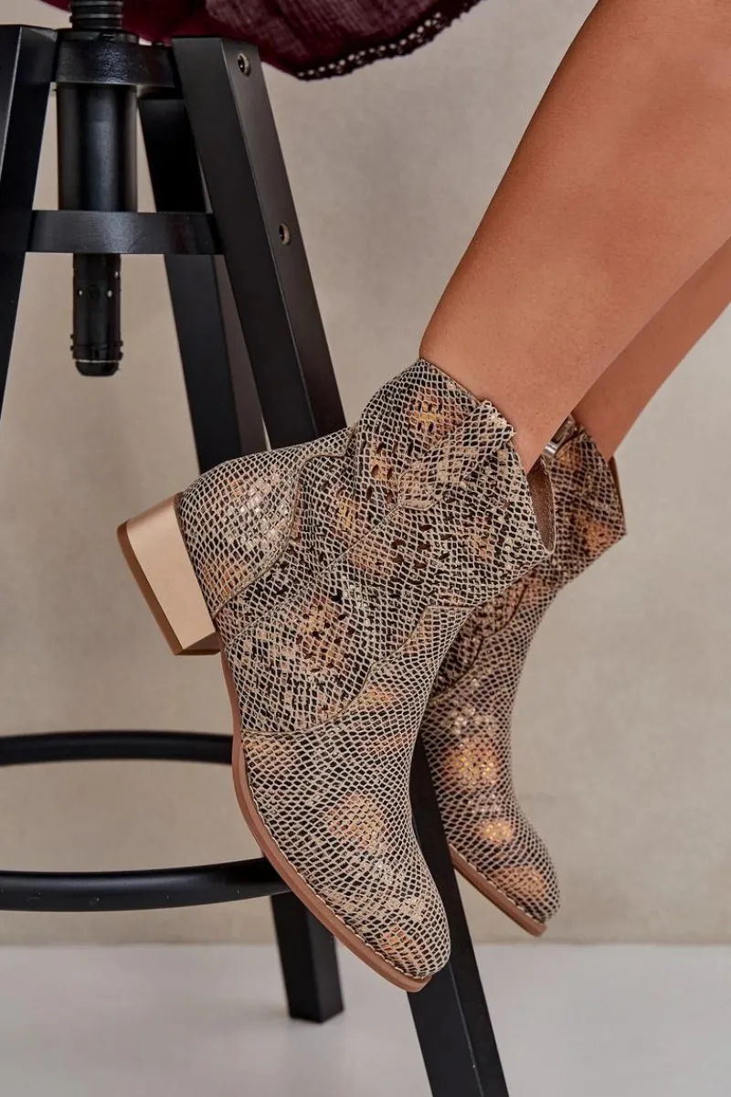 Boto Ażurowe Damskie Botki Na Niskim Obcasie Ozdobione Zwierzęcym Wzorem Złote Neliawen Złoty