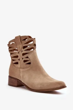 Botki Wiosenne|Botki Skórzane>Boto Ażurowe Damskie Skórzane Botki Beżowe Lewski 3329
