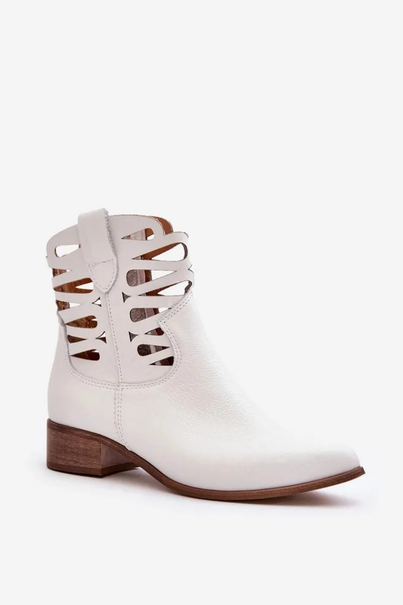 Discount Ażurowe Damskie Skórzane Botki Białe Lewski 3329 Damskie Botki Skórzane|Brązowe I Beżowe Botki