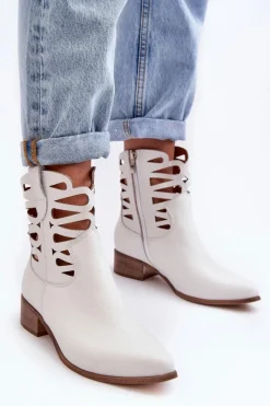 Discount Ażurowe Damskie Skórzane Botki Białe Lewski 3329 Damskie Botki Skórzane|Brązowe I Beżowe Botki