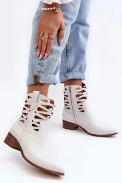 Discount Ażurowe Damskie Skórzane Botki Białe Lewski 3329 Damskie Botki Skórzane|Brązowe I Beżowe Botki