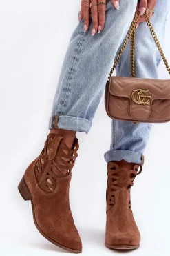 Boto Ażurowe Damskie Skórzane Botki Brązowe Lewski 3329