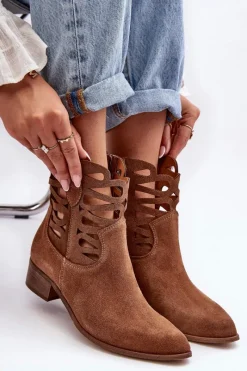 Boto Ażurowe Damskie Skórzane Botki Brązowe Lewski 3329