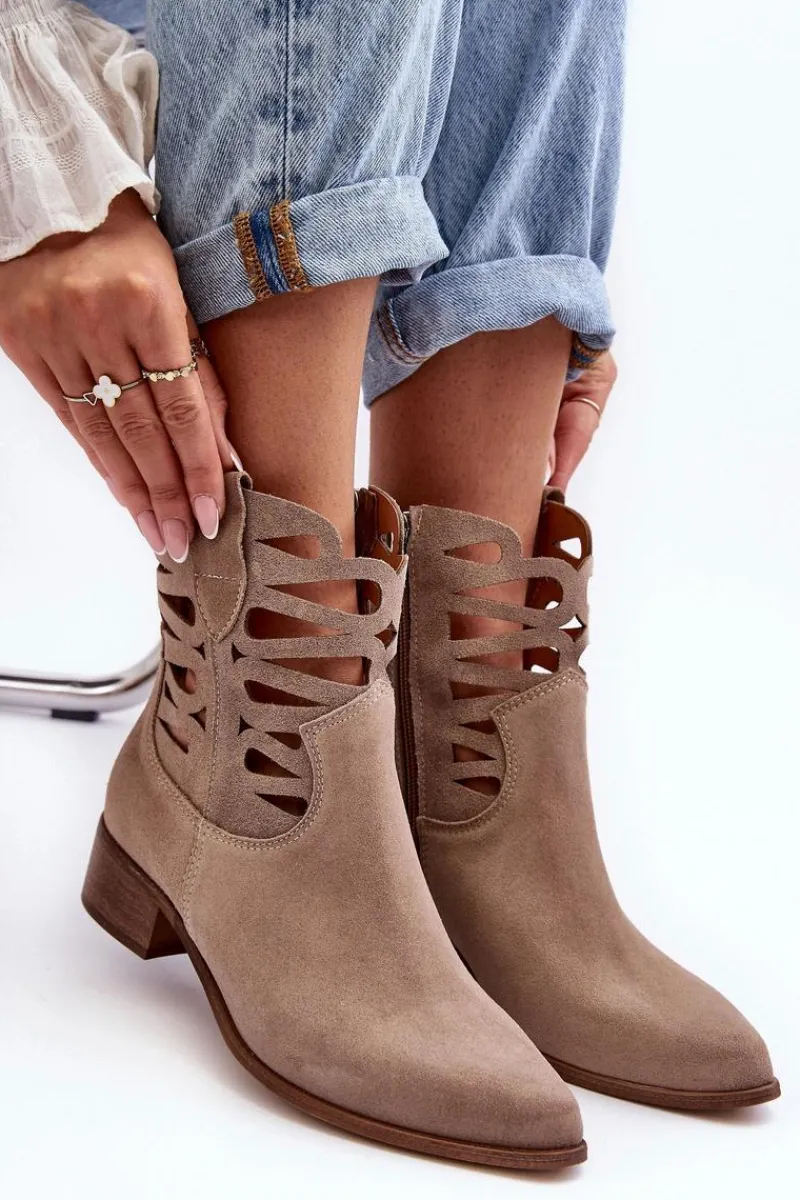 Hot Ażurowe Damskie Skórzane Botki Ciemnobeżowe Lewski 3329 Damskie Botki Wiosenne|Botki Skórzane