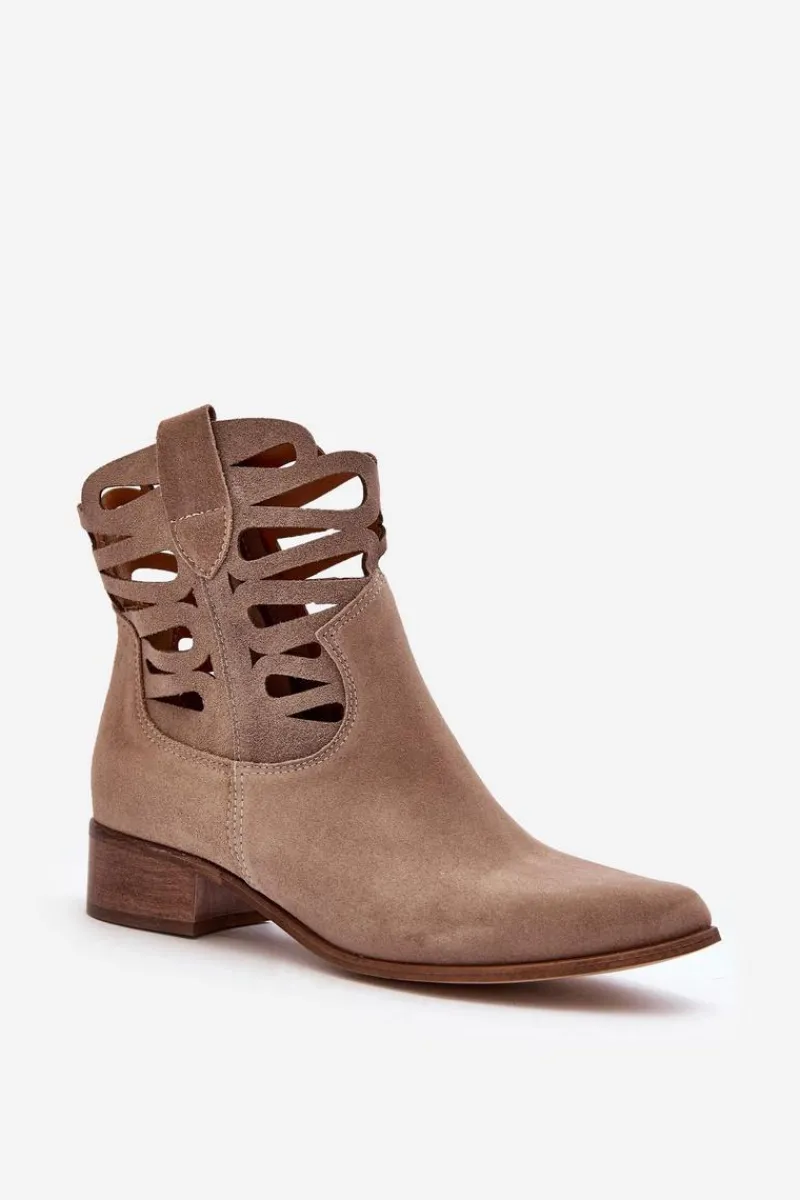 Hot Ażurowe Damskie Skórzane Botki Ciemnobeżowe Lewski 3329 Damskie Botki Wiosenne|Botki Skórzane