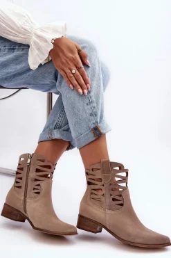 Hot Ażurowe Damskie Skórzane Botki Ciemnobeżowe Lewski 3329 Damskie Botki Wiosenne|Botki Skórzane