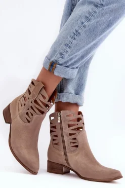 Hot Ażurowe Damskie Skórzane Botki Ciemnobeżowe Lewski 3329 Damskie Botki Wiosenne|Botki Skórzane