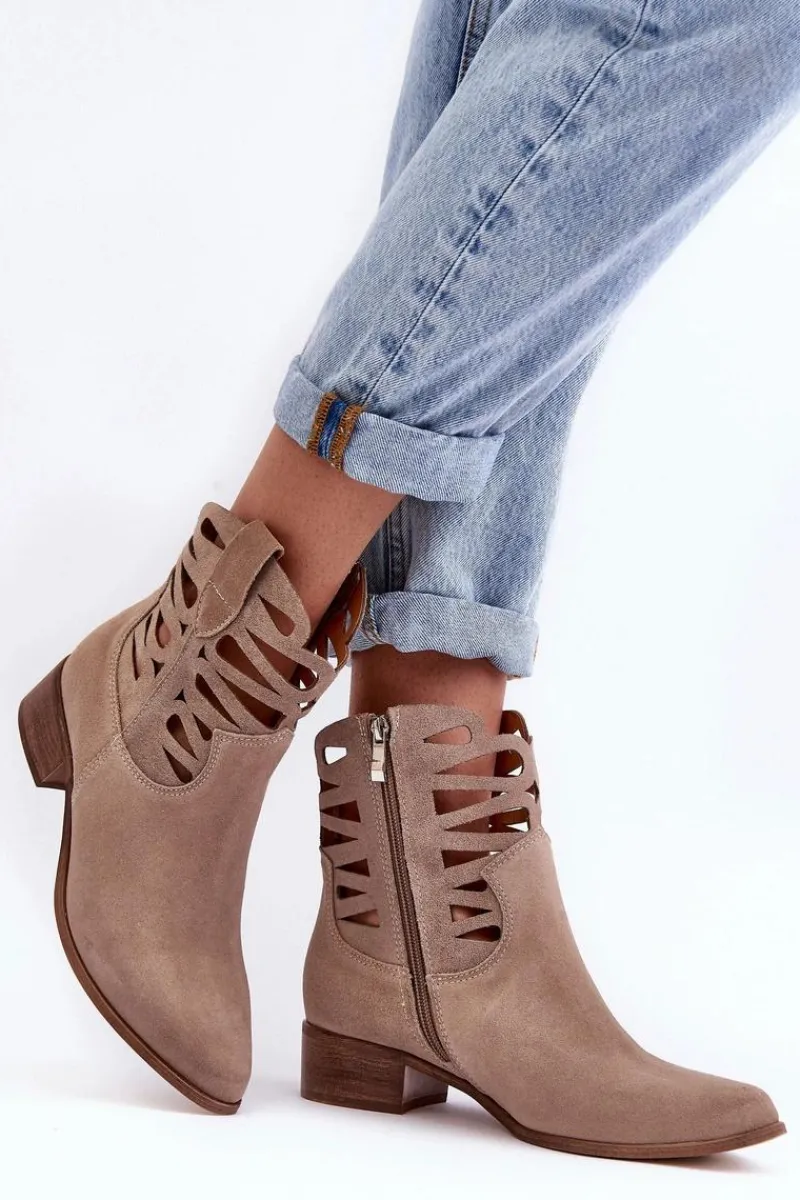 Hot Ażurowe Damskie Skórzane Botki Ciemnobeżowe Lewski 3329 Damskie Botki Wiosenne|Botki Skórzane