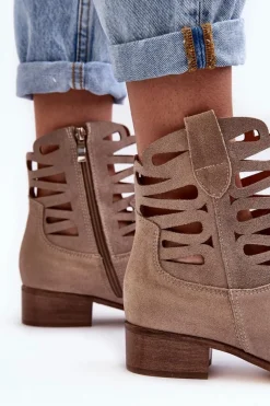 Hot Ażurowe Damskie Skórzane Botki Ciemnobeżowe Lewski 3329 Damskie Botki Wiosenne|Botki Skórzane