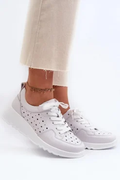 Clearance Ażurowe Damskie Sneakersy Na Koturnie Skóra Naturalna Jasnoszare S.Barski LR482 Damskie Sneakersy Damskie