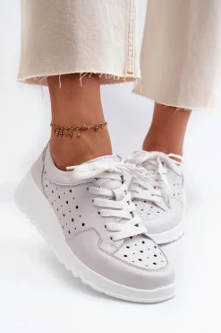 Clearance Ażurowe Damskie Sneakersy Na Koturnie Skóra Naturalna Jasnoszare S.Barski LR482 Damskie Sneakersy Damskie