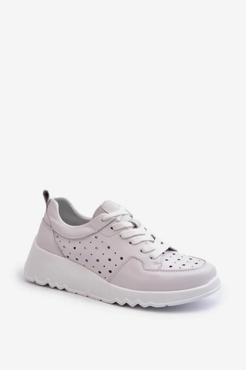 Clearance Ażurowe Damskie Sneakersy Na Koturnie Skóra Naturalna Jasnoszare S.Barski LR482 Damskie Sneakersy Damskie