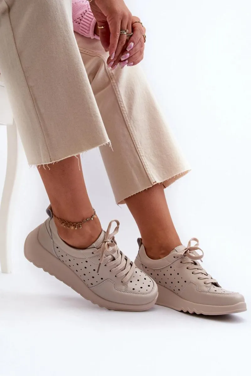 Damskie buty S.Barski Ażurowe Damskie Sneakersy Na Koturnie Skóra Naturalna Beżowe S.Barski LR482