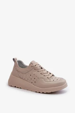 Damskie buty S.Barski Ażurowe Damskie Sneakersy Na Koturnie Skóra Naturalna Beżowe S.Barski LR482