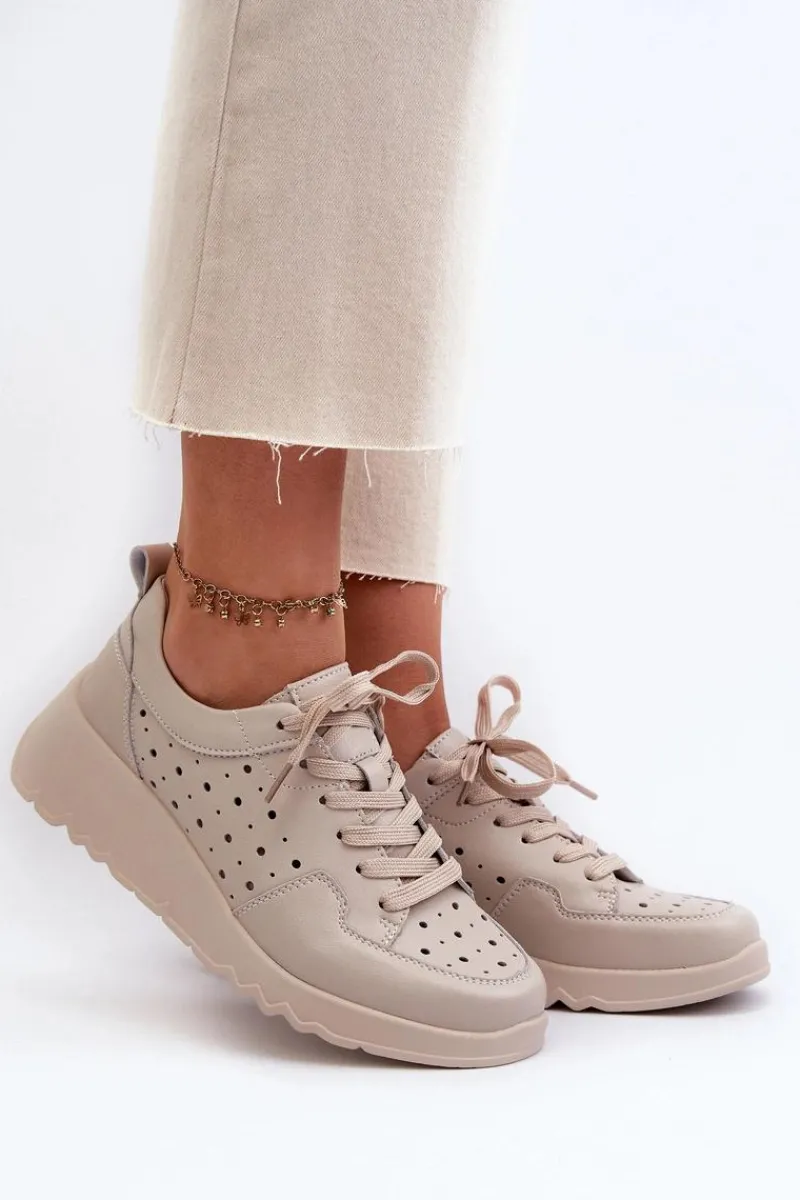 Damskie buty S.Barski Ażurowe Damskie Sneakersy Na Koturnie Skóra Naturalna Beżowe S.Barski LR482