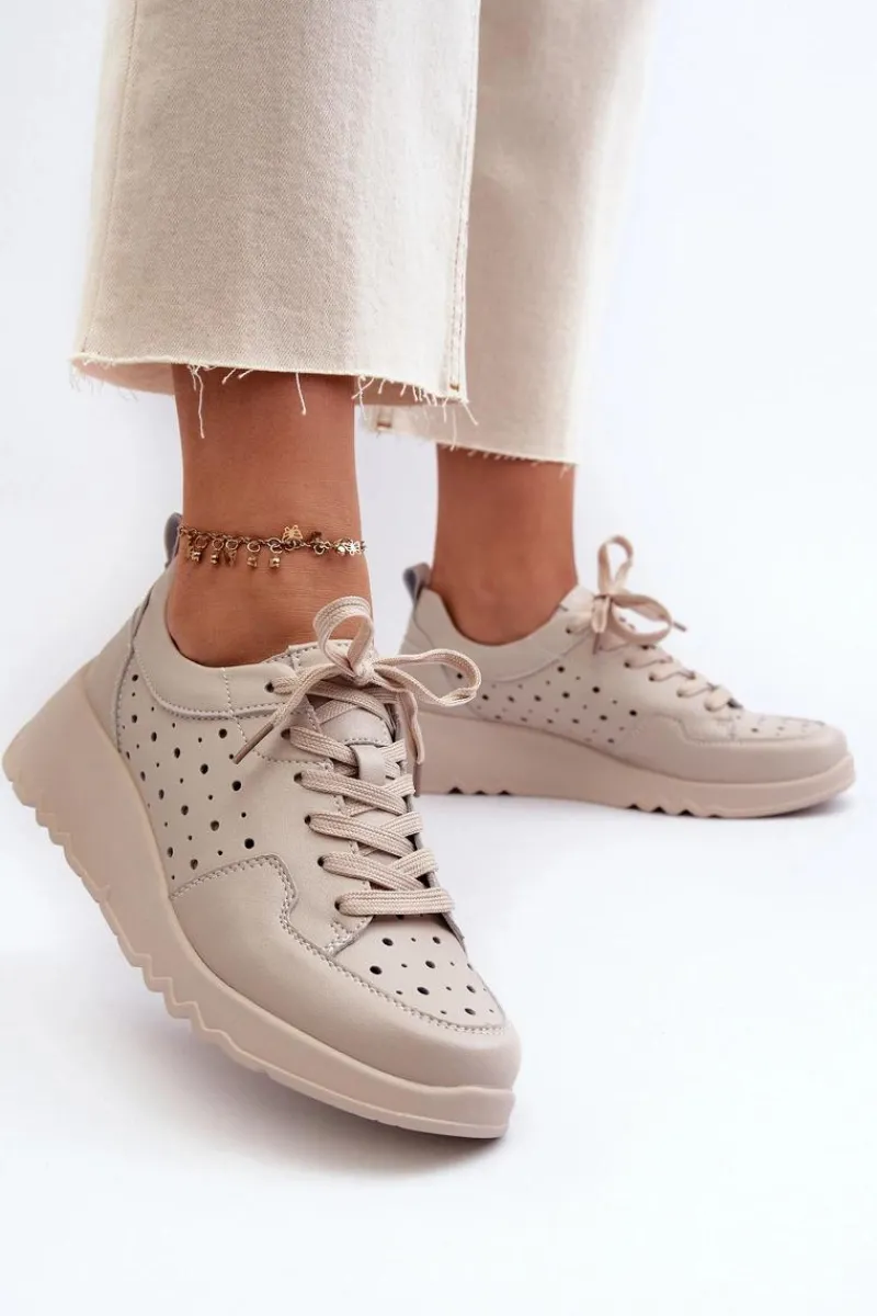 Damskie buty S.Barski Ażurowe Damskie Sneakersy Na Koturnie Skóra Naturalna Beżowe S.Barski LR482