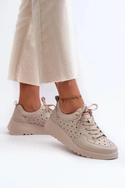 Damskie buty S.Barski Ażurowe Damskie Sneakersy Na Koturnie Skóra Naturalna Beżowe S.Barski LR482