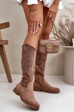 Kozaki Wiosenne|Kozaki Ażurowe>Damskie buty S.Barski Ażurowe Kozaki Damskie Brązowe S.Barski HY42-139