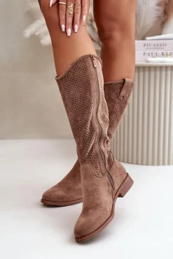 Kozaki Wiosenne|Kozaki Ażurowe>Damskie buty S.Barski Ażurowe Kozaki Damskie Brązowe S.Barski HY42-139
