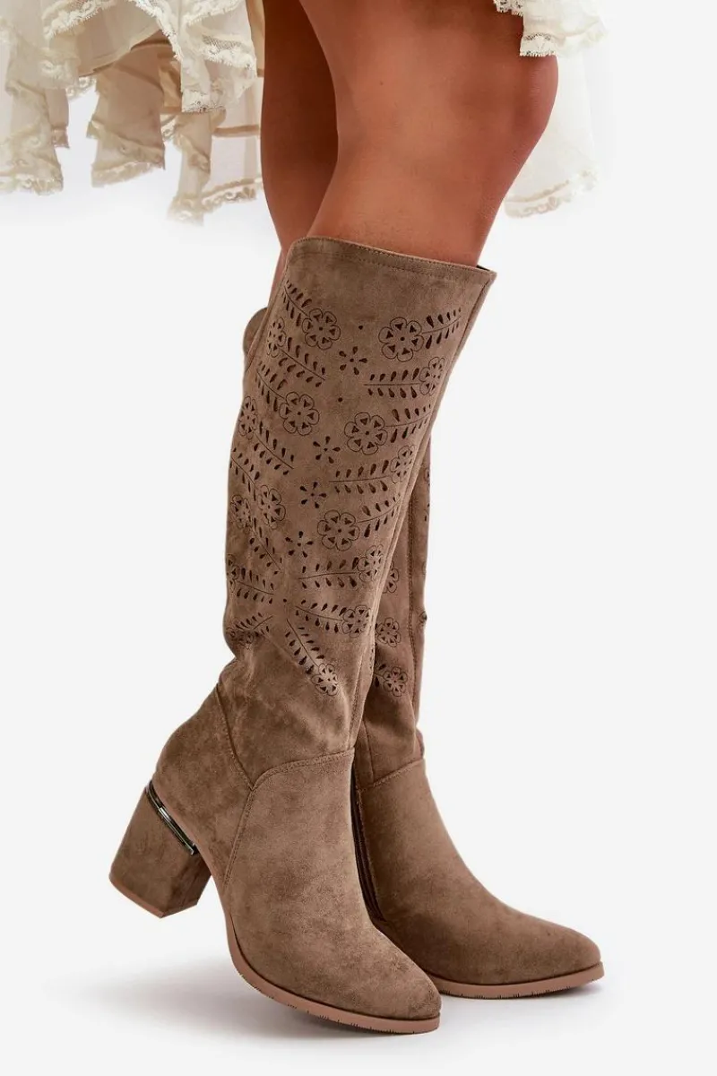 New Ażurowe Kozaki Damskie Na Słupku Z Eko Zamszu Vinceza 16443 Ciemnobeżowe Damskie Kozaki Ażurowe|Kozaki Przed Kolano
