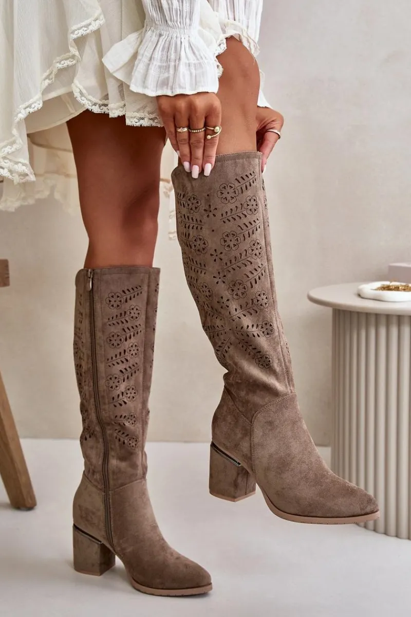 New Ażurowe Kozaki Damskie Na Słupku Z Eko Zamszu Vinceza 16443 Ciemnobeżowe Damskie Kozaki Ażurowe|Kozaki Przed Kolano