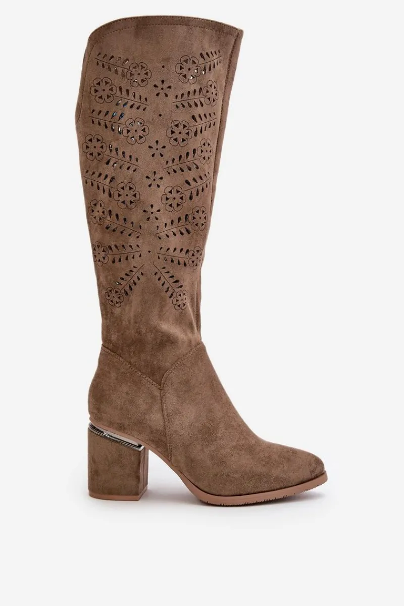 New Ażurowe Kozaki Damskie Na Słupku Z Eko Zamszu Vinceza 16443 Ciemnobeżowe Damskie Kozaki Ażurowe|Kozaki Przed Kolano
