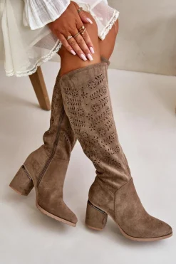 New Ażurowe Kozaki Damskie Na Słupku Z Eko Zamszu Vinceza 16443 Ciemnobeżowe Damskie Kozaki Ażurowe|Kozaki Przed Kolano